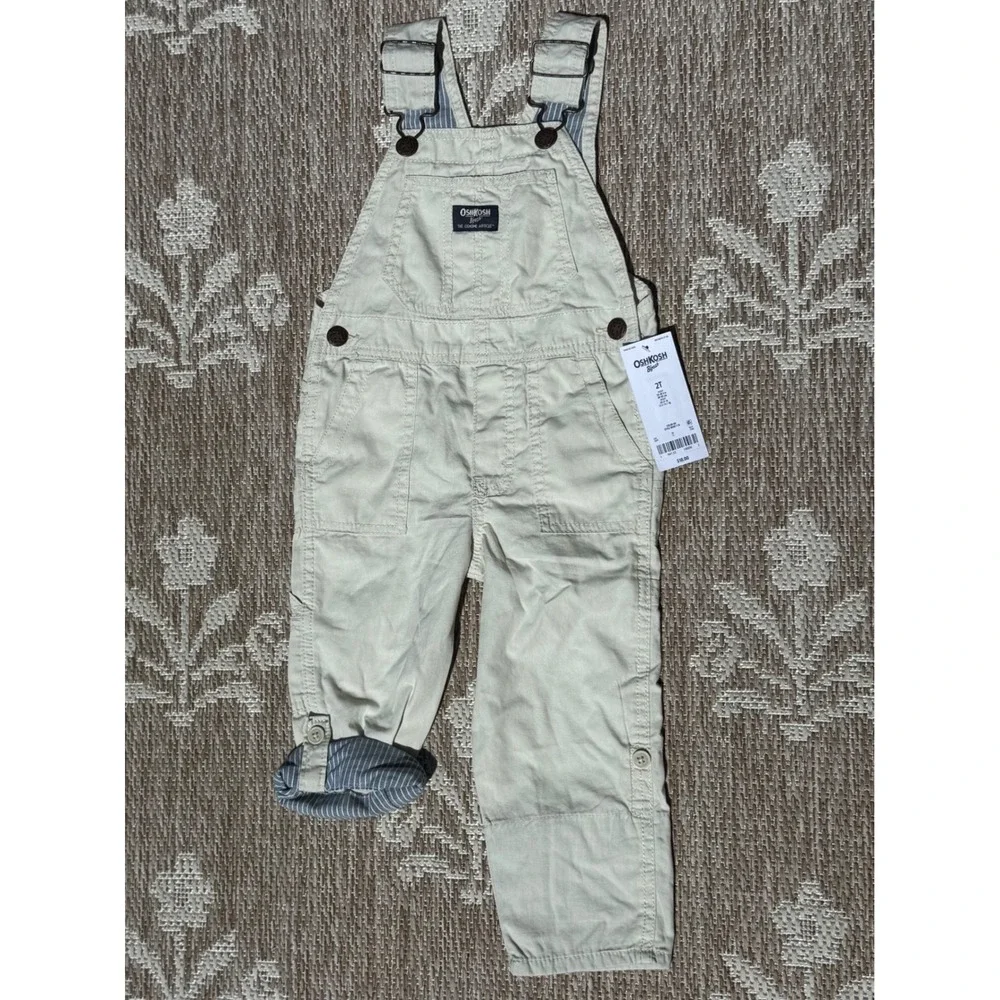 OshKosh B'gosh Toddler Boys Khaki Canvas Overalls Hickory Stripe Lined 2T NWT